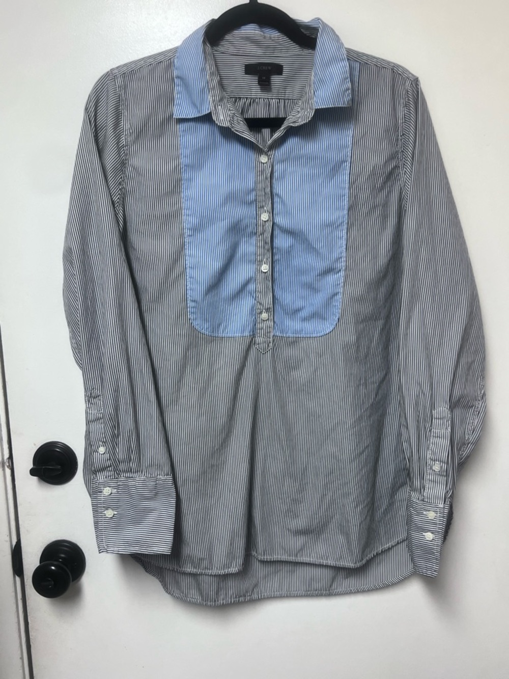 LOFT  Blue and White Striped Button-Front Shirt with Blue Bib